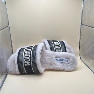 Steve Madden Black and Cream Fuzzy Sandals